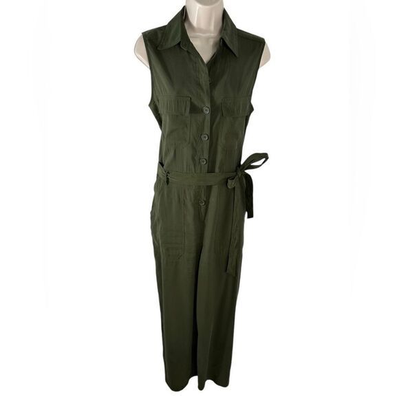 Max Studio Olive Green Button Down Sleeveless Ankle Jumpsuit - Picture 4 of 8